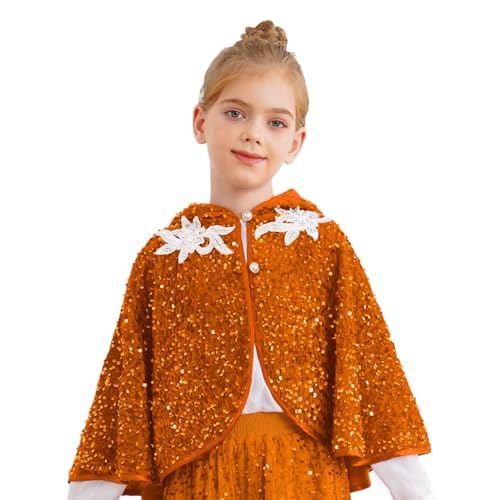 renvena Mädchen Prinzessin Umhang Kurz Cape Kapuzenumhang mit Pailletten Kinder Glitzer Tops Halloween Karneval Weihnachten Oufit Orange 110-116 von renvena