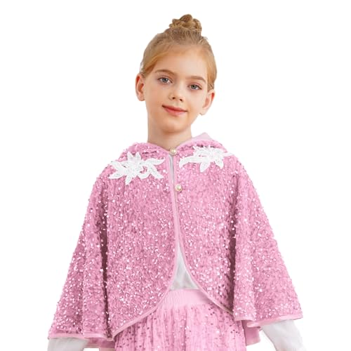 renvena Mädchen Prinzessin Umhang Kurz Cape Kapuzenumhang mit Pailletten Kinder Glitzer Tops Halloween Karneval Weihnachten Oufit Rosa 110-116 von renvena