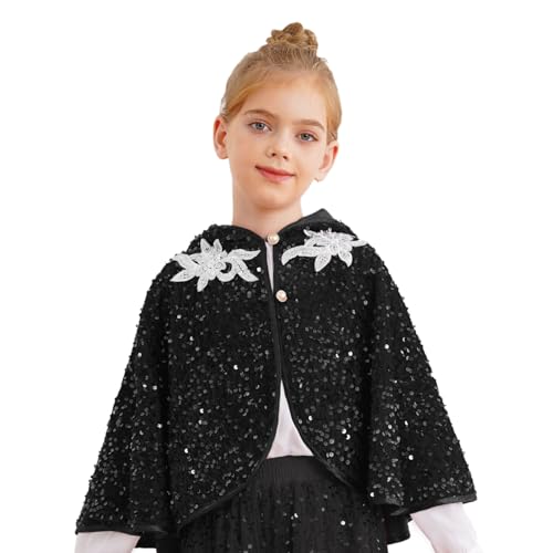 renvena Mädchen Prinzessin Umhang Kurz Cape Kapuzenumhang mit Pailletten Kinder Glitzer Tops Halloween Karneval Weihnachten Oufit Schwarz 122-128 von renvena