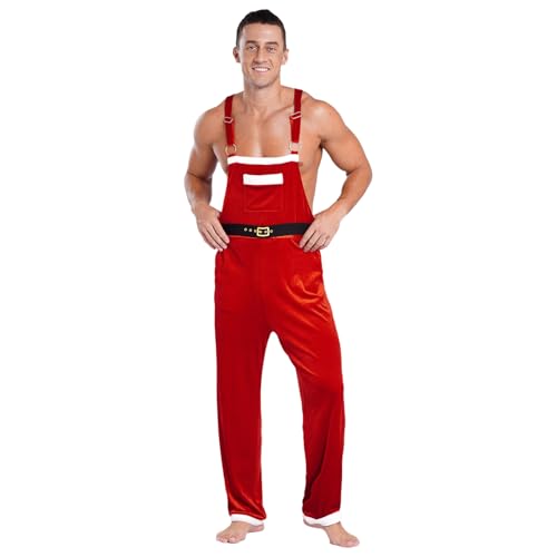 renvena Weihnachtsmann Herren Einteiler Overall Latzhose Samt Lang Hose Santa Claus Cosplay Outfit Karneval Weihnachten Kostüm Rot M von renvena