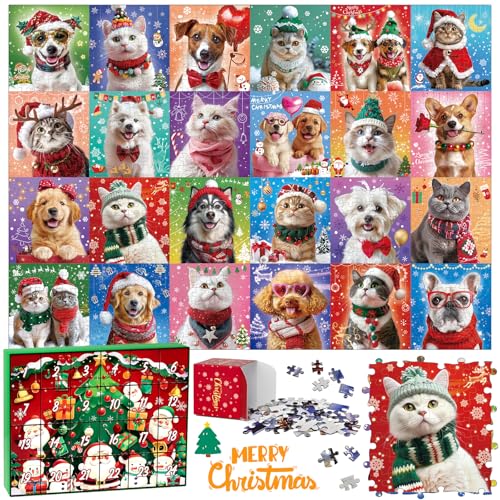 Adventskalender 2024 Puzzles Hunde und Katzen Puzzle für Kinder Erwachsene 24 Boxen 1008 Teile Puzzles Countdown bis Weihnachtsgeschenke Strumpffüller Weihnachtsdekorationen von rifamee