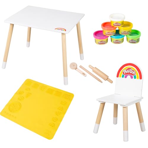 roba x Play-Doh Kreatives Sitzgruppen-Set - Spielset aus FSC-zertifiziertem Holz mit 6 Knetdosen, 3 Holzwerkzeugen, großer 3D-Kreativmatte & Tisch-Stuhl-Kombination ab 3 Jahren von roba