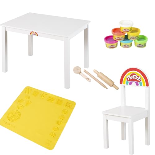 roba x Play-Doh Sitzgruppen-Set - Kindertisch+ Kinderstuhl - FSC zertifiziertes Spielset mit 6 Knetdosen, 3 Holzwerkzeugen & großer 3D-Kreativmatte ab 3 Jahren von roba