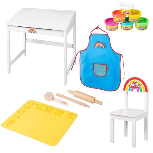 roba x Play-Doh Schulpult - FSC-Holzwerkzeuge, 3D-Kreativmatte, 6 Knetdosen, Schürze & Stuhl - Kreatives Mal-, Bastel- und Spielpult - Für Kinder ab ab 3 Jahren von roba