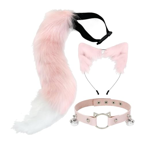 rockible Set mit Ohren, Halsband und Schwanz, süßes Tierkostüm-Set für Geburtstagsgeschenk-Mottoparty, Rosa Weiß von rockible