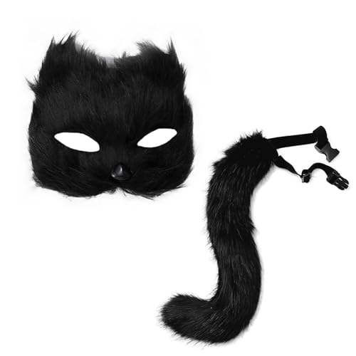 rockible Tiermaske und Schwanz-Set, Halloween-Maske für Rollenspiele, Bühnenauftritte, Abschlussbälle, Schwarz rockible Tiermaske und Schwanz-Set, Halloween-Maske für Rollenspiele, Bühnenauftritte, Abschlussbälle, Schwarz von rockible