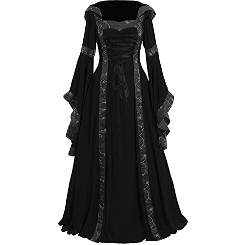 routinfly Damen Vintage Mittelalter Gothic bodenlange Kapuzen Maxikleider Plus Size Casual Mode Renaissance Halloween Cosplay Party Kleid Langes Kleid von routinfly