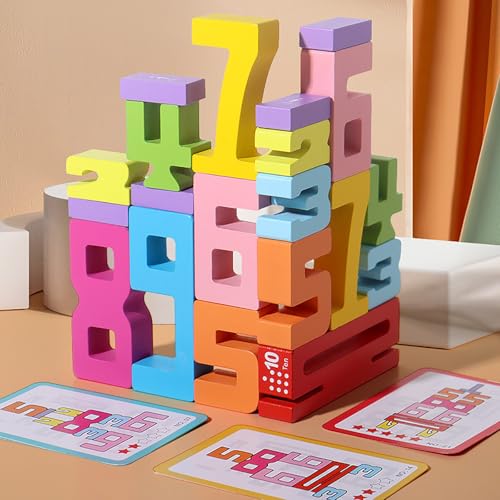 routinfly Holz Zahlenblocks Spielzeug, Montessori Spielzeug Zahlen Set ab 3 Jahre, Zahlenbausteine 1-10, Vorschul Lernaktivitäten, Number Blocks Zahlen zum Stapeln und Rechnen (20 Blöcke + 15 Karten) von routinfly