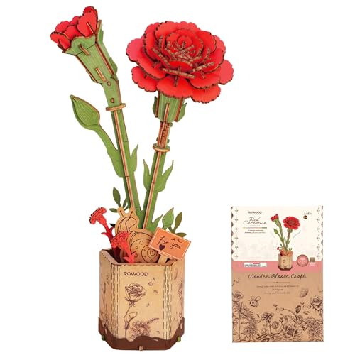 ROWOOD 3D Puzzle Rote Nelke, DIY-Blume Aus Holz, Modellbausätze Für Künstliche Blumen Zum Zusammenbauen Für Erwachsene, Beste Heimdekoration Und Valentinstags-Spielzeug-Geschenkset von rowood