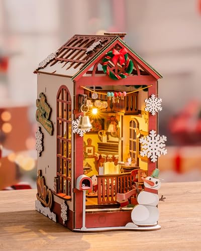 ROWOOD Book Nook Weihnachtsszene Für Drinnen, Booknook Kits Für Erwachsene Mit LED Licht, 3D Puzzle Modellbau, DIY Puppenhaus, Heimdeko Und Kreative Geschenke Für Weihnachten von rowood