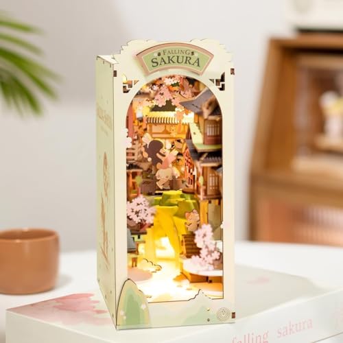 RoWood Book Nook Kit | 3D Puzzle DIY Booknook Buchstütze Modellbausatz aus Holz | Miniatur Haus Kit Book Nook Bastelset - Falling Sakura von rowood