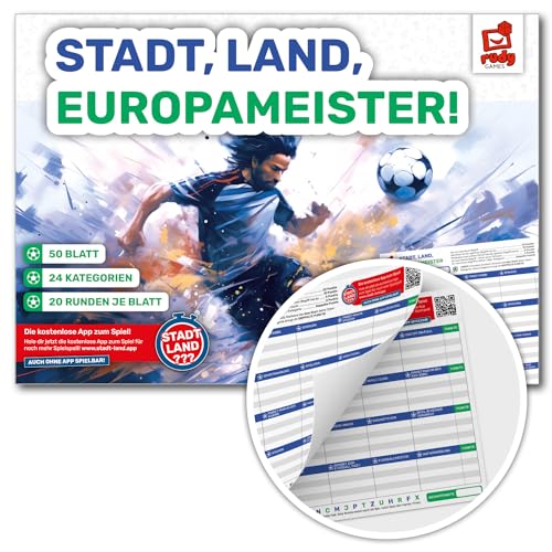 rudy games – Stadt, Land, Europameister! – Stand, Land, Fluss Vorlage Block in der Fußball-Edition für Kinder und Familien – Partyspiel | Familienspiel | Mitbringsel von rudy games