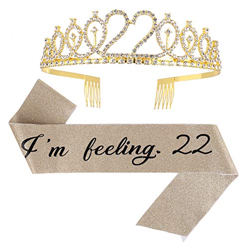 ruggito „Im Feeling 22“ Schärpe und Strass-Tiara-Set, Geschenk zum 22. Geburtstag, für Frauen, lustiges Partyzubehör von ruggito