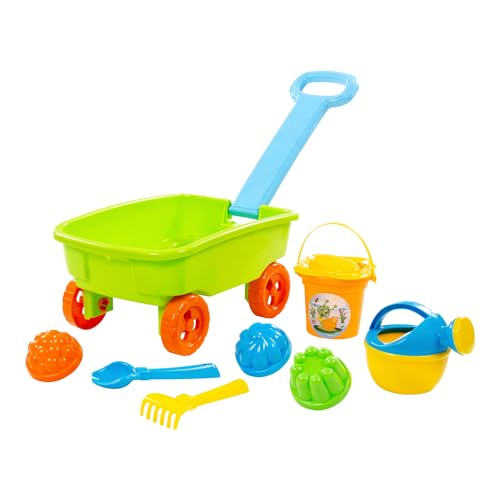 sOlini Sandspielzeug-Set Handwagen klein - Handwagen, Eimer mit Sieb, 3 Förmchen, Schaufel, Rechen, Gießkanne - aus robustem Kunststoff - ab 12 Monaten geeignet von sOlini