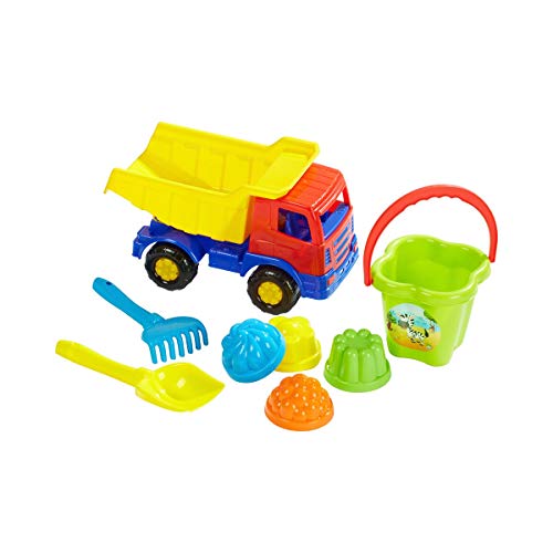 solini Sandspielzeug-Set (8-tlg) mit Kipper - Kinderspielzeug für Sandkasten, Spielplatz & Strand - inkl. Schaufel, Rechen, Eimer & 4 Förmchen - bunt von sOlini