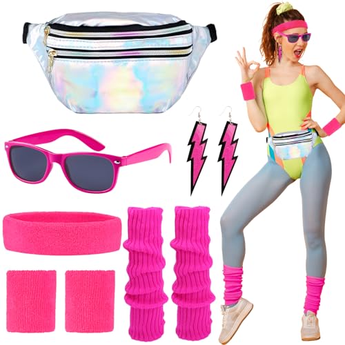 80er Jahre Outfit Damen Kostüm Zubehör Neon, 90er Jahre Silberne Bauchtasche Neon-Stirnband Armbänder Beinwärmer Ohrring Brille, 80er Karneval Kostüm Set Damen Frauen Mädchen für Thema Party Zubehör von sacemontic