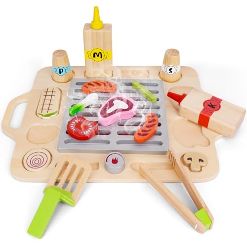 Kinderküche Zubehör Holz, Kindergrill Spielküche Zubehör Holzspielzeüg Kinder BBQ Grill Spielzeug Set Matschküche Kinder Küche zubehör Outdoorküche Rollenspiele Geschenk für Kinder ab 3 Jahre von sacemontic