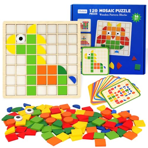 Montessori Spielzeug ab 3 4 5 6 Jahre, 120PCS Tangram Kinder Puzzles Hölzerne Muster Blöcke Set, Geometrische Formen Holzpuzzles mit 20 Beidseitige Karten, Pädagogisches Spielzeug Geschenk für Kinder von sacemontic