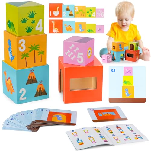 sacemontic Baby Stapelturm und Stapelwürfel, Montessori Spielzeug für Kinder ab 1 2 3 Jahr, Hölzerne Farbe übereinstimmende Puzzle Spielzeug Geschenke für 1 2 3 4 + Jahre alte Kinder von sacemontic