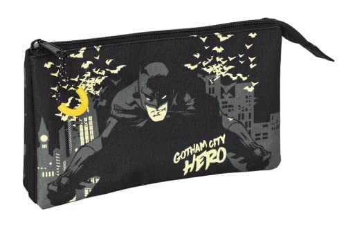 Safta 812269744 Dreifach-Federmäppchen Batman Hero 22 x 12 x 3 cm, Schwarz von safta