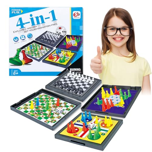 Saijer Snakes and Ladders, 4in1 Reisespiele Magnetic Spiel Mini Schach Spielesammlung Kinder Reisespiele Magnetisch Tragbar Multifunktional Schlangenschach Flugschach Faltbar Brettspiele für Roadtrip von saijer