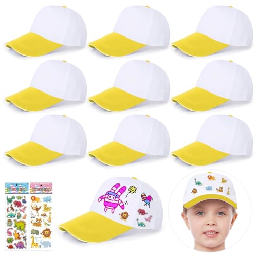 saijer DIY Kappe Kinder, 9 Stück Kinder Kappen Zum Bemalen DIY Baseballcap Kinder Baseballmütze DIY Weiße Baseballkappen Graffiti Kappe Kappe Weiß Kinder Kinder DIY Baseballkappe Mit Aufklebern von saijer