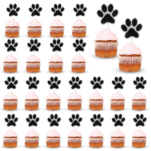 24 Stück Cupcake Topper mit Hundepfoten, Paw Tortenaufleger Happy Birthday Tortendeko Hunde Cupcake Topper für Kuchen Dessertzubehör Party Dekorationen von salbsever