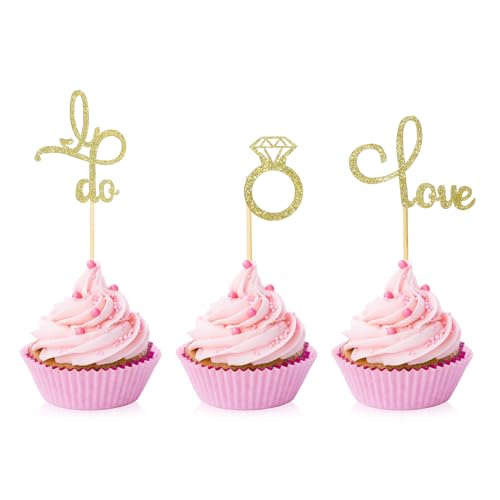 48 Stück Diamantring Cake Topper Glitzer Tortendeko, I Do Love Kuchendeckel Muffin Dekoration für Verlobung Junggesellenabschied Hochzeit Brautdusche Party Kuchen Dekoendeko Gold von salbsever