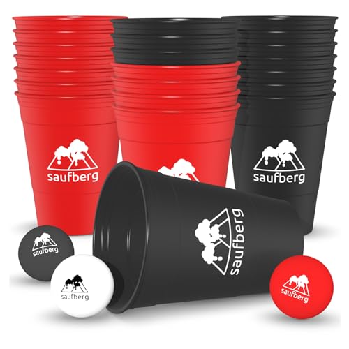 saufberg Beerpong Set - 22 Mehrweg Hartplastik Bierpong Becher | Festival | Geburtstag | Spülmaschinenfest | Red Cups extrem stabil | inkl. Bälle und Cupsocke | Rot/Schwarz von saufberg