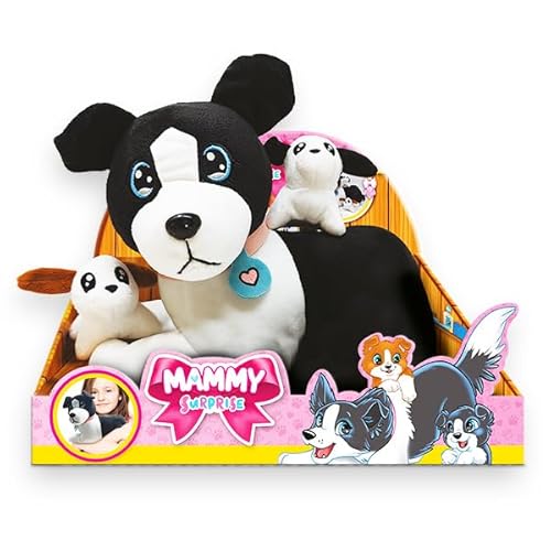 Sbabam Mammy Surprise Big Version, Weiches Kuscheltier Hund 34x25cm mit Niedlichen Welpen, Plüschtier mit Tragetasche, Spielzeug ab 3 Jahre mit Kleinen Tiere Figuren als Baby Geschenk - Border Collie von #sbabam