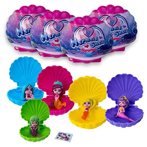 Sbabam Mermaid Shell Surprise, Mini Puppe Meerjungfrau mit Schmuckmuschel und Stickern, 4er-Pack, Spielzeug ab 3 Jahre für Kinder, Finde die Seltenen Meerjungfrauen von #sbabam