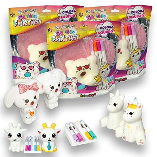 Sbabam Squishy Fantasy, Doki Doki, Spielzeug ab 3 Jahre für Kinder, 3er-Pack, Squishy Spielzeug zum Malen Inklusive Markern, Weiche Gummipuppen wie Einhorn, Giraffe und Andere von #sbabam