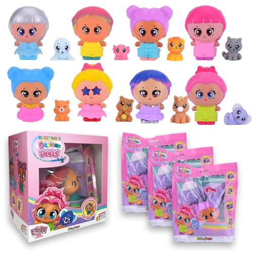 #sbabam Funny Box Doki Doki Squishy Dolls, Squishy Doll mit Welpe, 3er-Packung, Puppen für Mädchen mit Kleid, Postkarte und Reisepass – Spiele für Kinder vom Kiosk und Geschenkideen für Mädchen von #sbabam