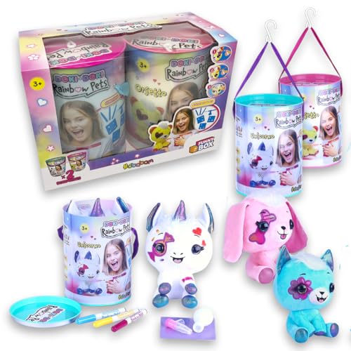 #sbabam Funny Box Doki Rainbow Pets Maxi, Stofftiere mit Schablone und Filzstiften waschbar für Kinder, 2 Stück - Plüsch Katze, Einhorn, Kaninchen und andere für Mädchen und Kind Geschenk von #sbabam