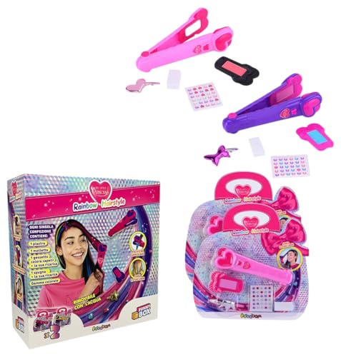 #sbabam Funny Box My Little Princess Rainbow Hairstyle, Mädchen Haarglätter Spielzeug mit Zubehör enthalten, Pack 2 Stück, Bunte Haarglätter mit Strasssteinen und Clips, Girl's Play Set 8 Jahre von #sbabam