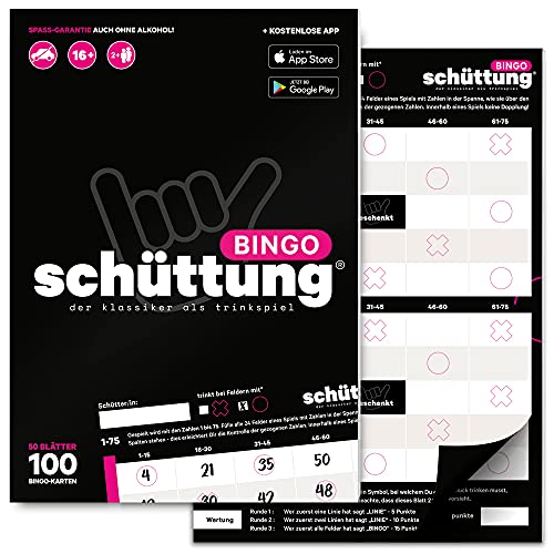 schüttung® Bingo + gratis App | Der Klassiker als Trinkspiel für Erwachsene | Bingokarten | Partyspiel | Saufspiel | Geschenk von schüttung