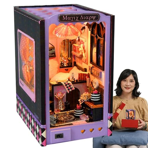 scyca Miniatur-Puppenhaus Book Nook, Book Nook Kits für Erwachsene | Hölzernes Puppenhaus-Buch-Nook-Spielzeug,Kunstbuchstützen aus Holz mit Schritt-für-Schritt-Anleitung für Schlafzimmer, von scyca