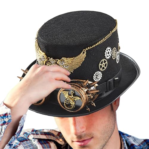 scyca Steampunk-Halloween-Kostüme, Western-Jazz-Hut | Steampunk-Zubehör Robuster Steampunk-Hut | Verstellbarer Riemen, Skelettflügel, Zahnräder, Gentleman-Kostüm von scyca