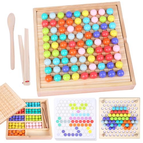 seOSTO Holz Montessori Spielzeug, Clip Beads Brettspiel, Clip Perlen Puzzle Brettspiele, Kinder Vorschule Farben Sortier, Beads Regenbogen Board, Frühe Pädagogisches Brettspiel für Kinder 2-7 Jahre von seOSTO