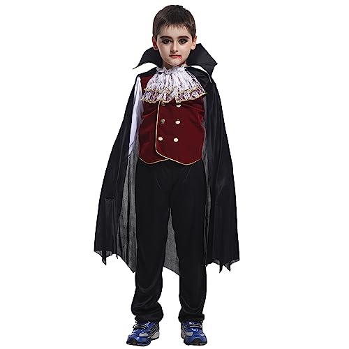 semen Klassische Halloween-Party-Kleidung für Kinder und kleine Jungen, zweireihige Knopfjacke, Tops + lange Hose + Stehkragen Umhang (11–12 Jahre) von semen