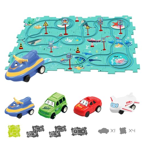 TrackMates Kids Car Track Set, Puzzle Track Car Play Set, Puzzle Kids Car Track Set, DIY Assembling Electric Race Car Track Set, 4 Themes - Stimulate Children's Creativity (Ocean-25PCS) von senmew