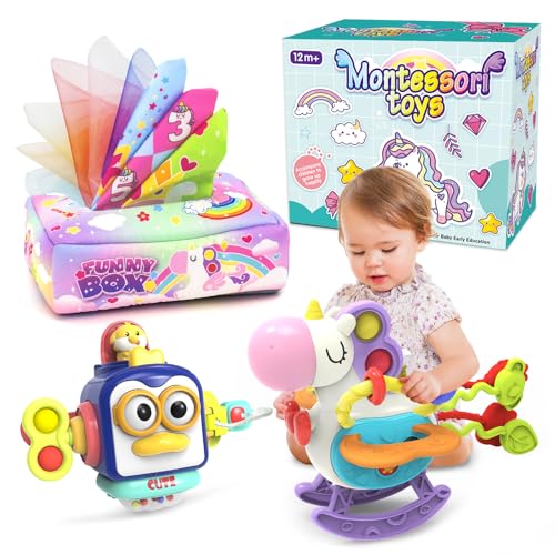 3 in 1 Baby Spielzeug, Tücherbox Motorikwürfel,Baby Spielzeug für 6 bis 12 Monate,Montessori Spielzeug ab 1 Jahr, Motorikspielzeug Sensorisches Spielzeug,Geschenk für Baby ab 6 9 12 Monate 1 2 3 Jahr von seveclotree