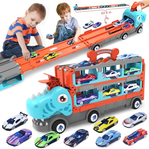 seveclotree Spielzeug ab 3 Jahre Junge,Dinosaurier Transport Truck Spielzeug Autos mit 8 Rennautos, LKW Spielzeug Set für Kinder Geschenk Junge 2 3 4 5 6 7 Jahre von seveclotree