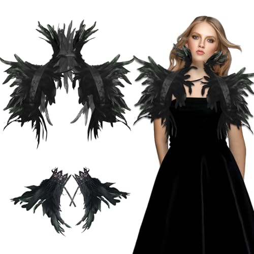 Federkragen Schwarz, shallyong Federumhang Schwarz mit Feder Manschetten, Maleficent Kostüm, Gothic Federn Schulter, Pfau Kostüm, für Cosplay Partys Feste Karneval von shallyong