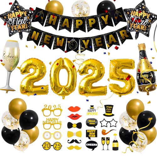 Silvester Deko 2025, shallyong Happy New Year Deko, Neujahr Deko 2025, Happy New Year Girlande, Folienballons, Fotorequisiten, Silvester Deko 2025 Party Set, für Silvester Party von shallyong