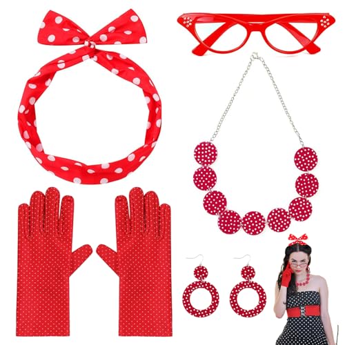 shallyong 50er Jahre Accessoires Damen 4 Pcs, 50er Jahre Outfit Damen mit Rotem Hijab, Handschuhe, Halskette, Ohrringe, Brille Für Damen (50er Jahre) von shallyong