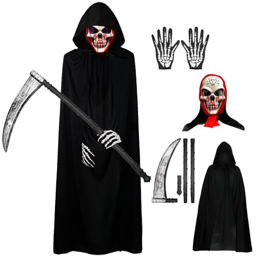 shallyong Sensenmann Kostüm Kinder 4 Stück, Sensenmann Kostüm Herren, Kostüm Sensenmann Kinder für Halloween Party Dekoration Cosplay von shallyong