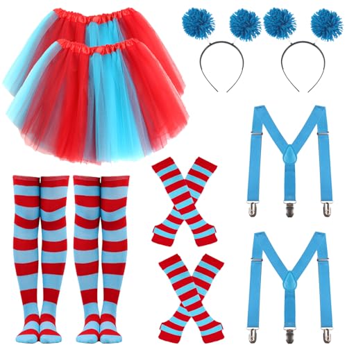 2er Set Tüll Tutu Kostüm Zubehör, 8090 Neon Rock Regenbogen Rock Rot Blau Tüll Tutu Rock Gestreifte Socken Dehnbare Handschuhe Rucksack Hose für Karneval Welt Buch Tag Halloween von shengo