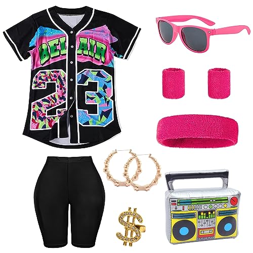 shengo 90er Jahre Outfit Damen, 80er Jahre 90er Jahre Kostüm Yoga Leggings, Hip Hop Loose Tops Fischerhüte Brillen Stirnband Armbänder, Kostüm 80er Jahre Zubehör für Halloween Karneval Themenparty von shengo