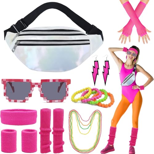 80er Jahre Outfit Damen, 90er Jahre Kostüm Accessoires mit Gürteltasche, Stirnband, Stulpen, Armbänder, Brillen und Ohrring Neon 80er Jahre Accessoires für Motto Party Weihnachten Karneval Halloween von shengo